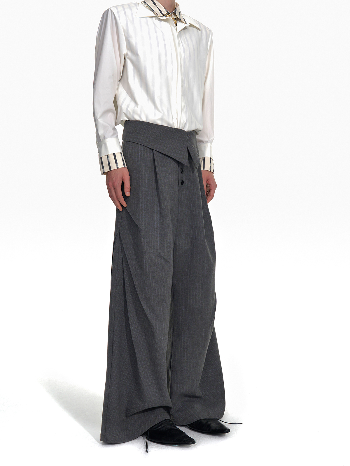FOLD-OVER WAIST PINSTRIPE WIDE-LEG TROUSERS-GREY