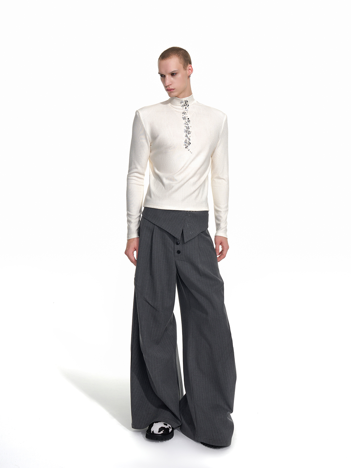 FOLD-OVER WAIST PINSTRIPE WIDE-LEG TROUSERS-GREY