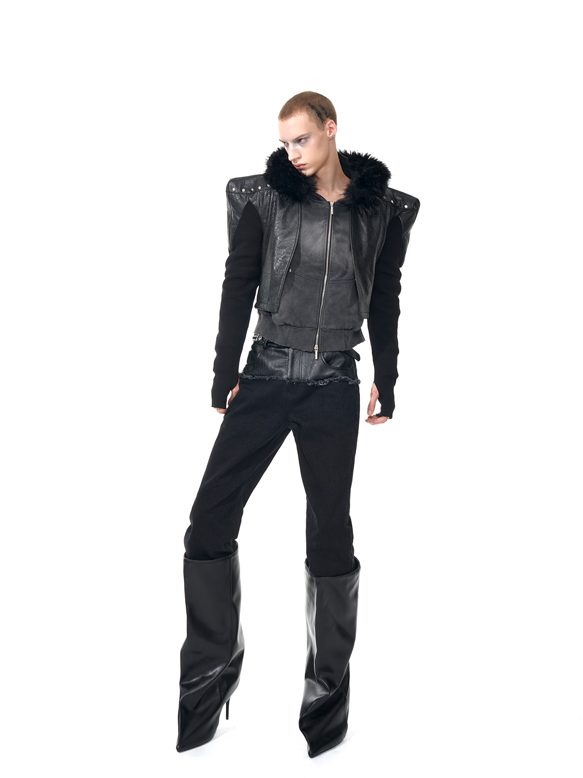 STUDDED POWER-SHOULDER HYBRID JACKET-START EXCEED END