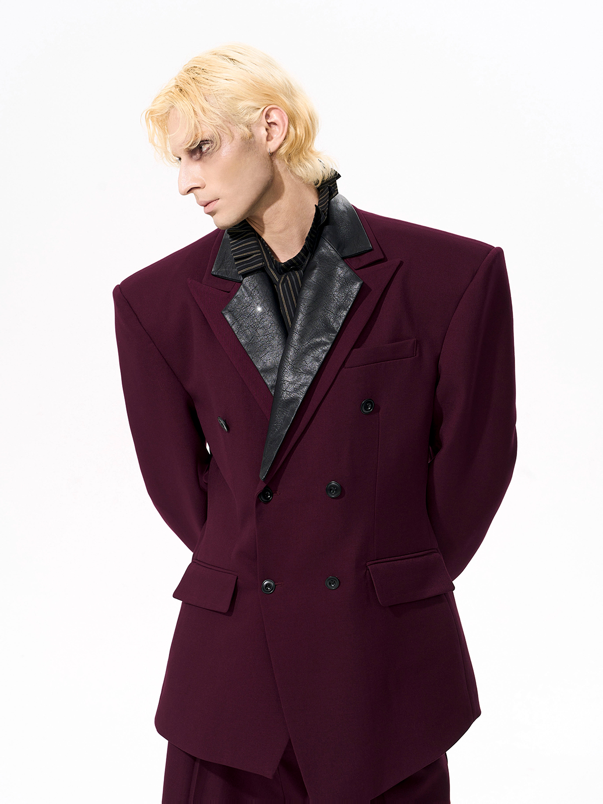 DETACHABLE LEATHER COLLAR SCULPTED SUIT SET-BURGUNDY