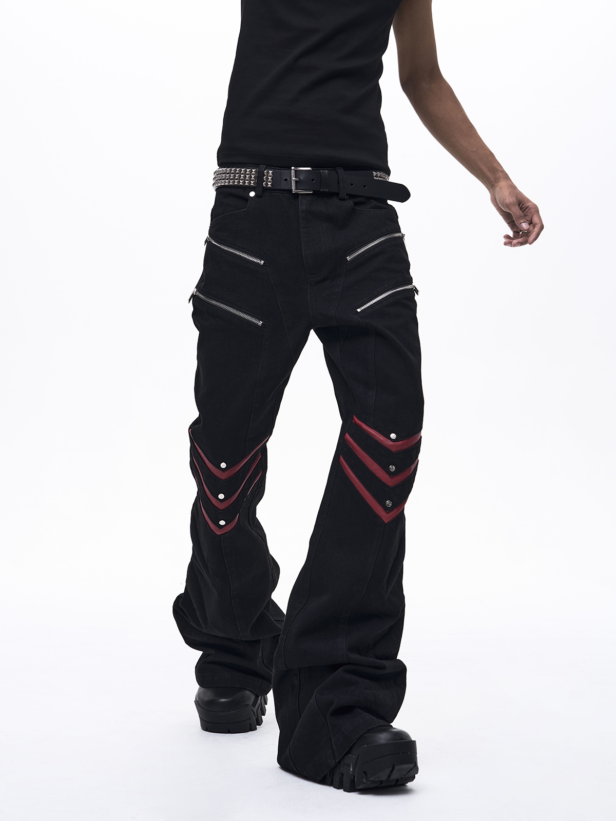 INDUSTRIAL ZIPPER LEATHER PATCHWORK FLARE JEANS-BLACK