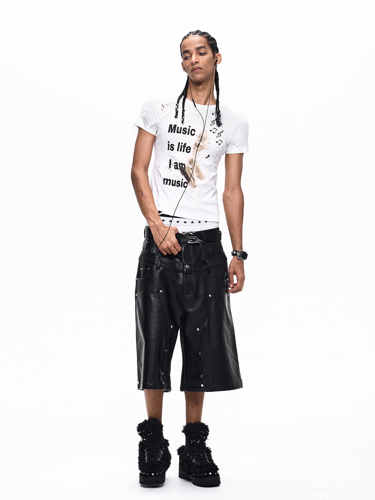 DOUBLE WAIST STUDDED CROSS PU LEATHER JORTS