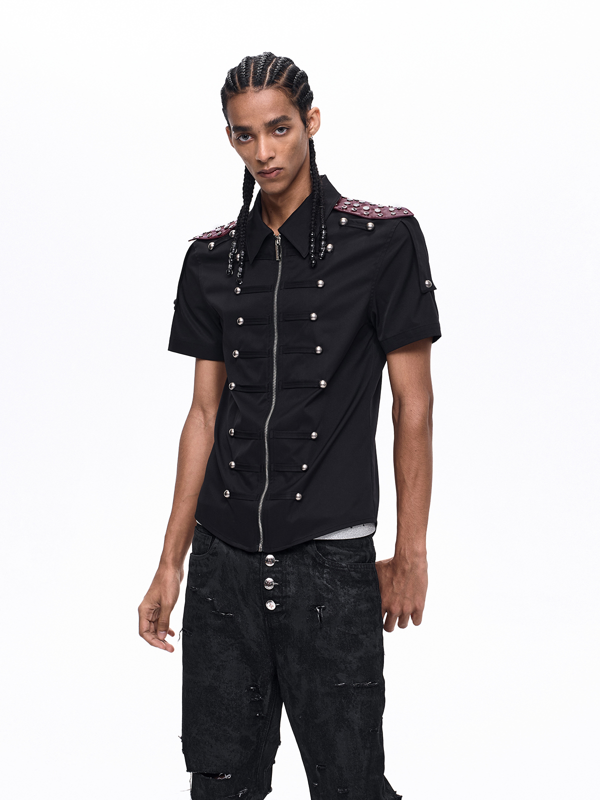 MEDIEVAL STUDDED LEATHER-PANEL ZIP SHIRT