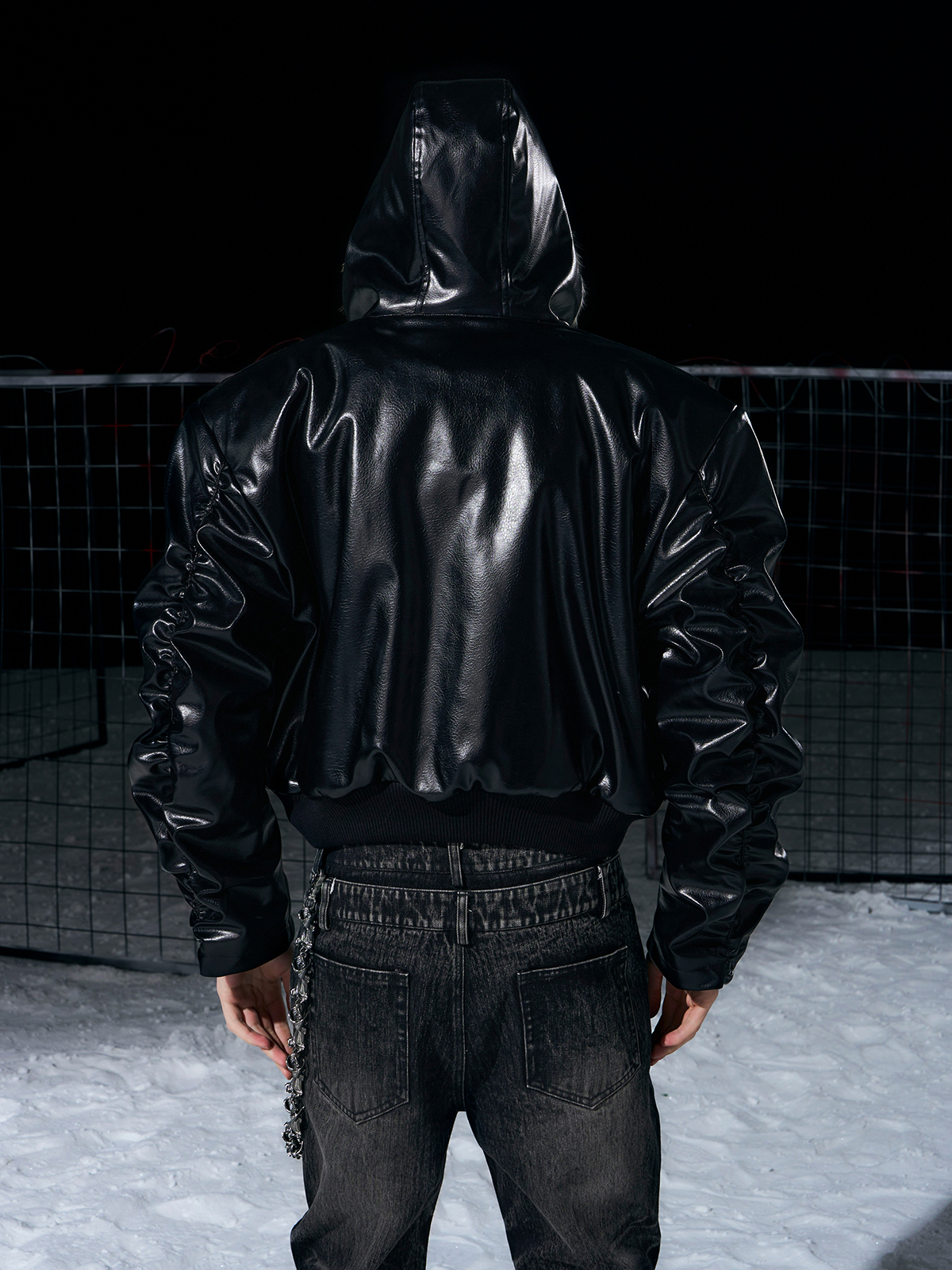 STUDDED FAUX LEATHER BOMBER WITH FUR-LINED HOOD