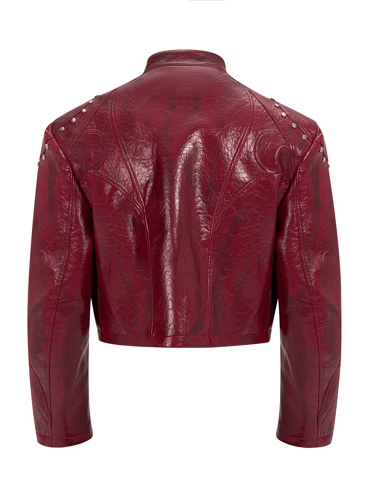 CROPPED STUDDED MOTO JACKET-CRINKLED RED