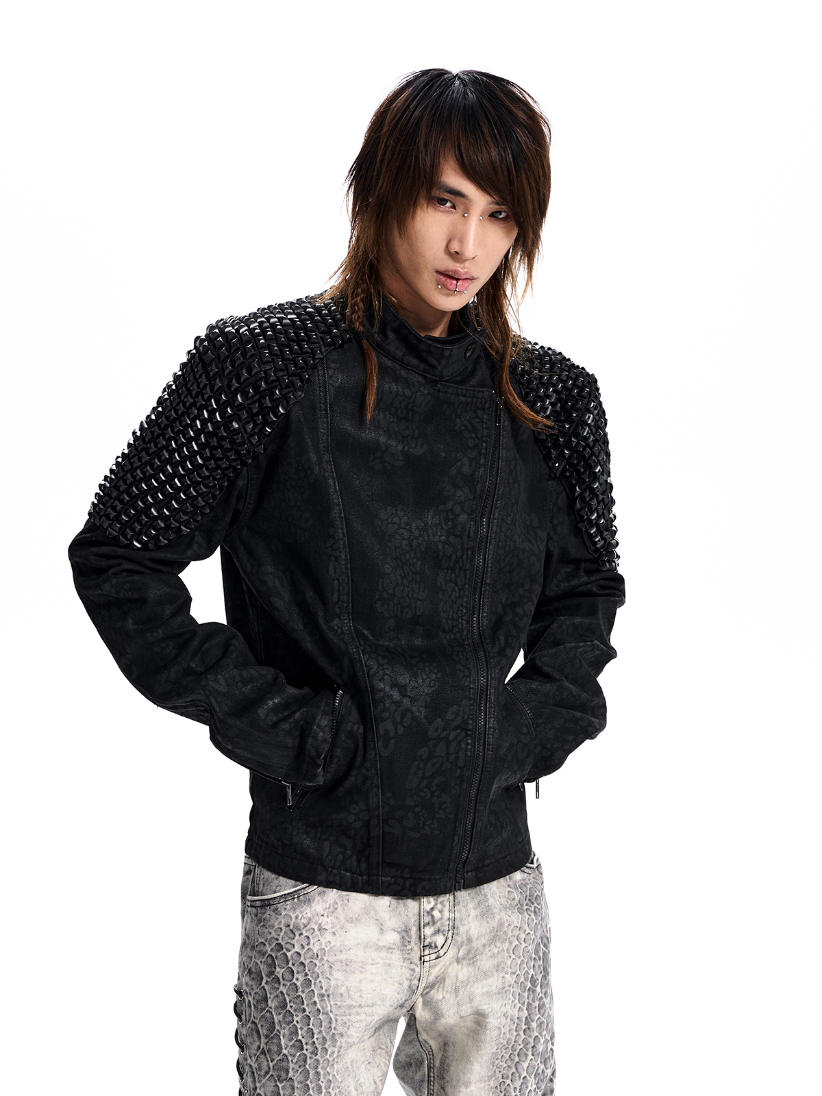 STUDDED SHOULDER DENIM MOTO JACKET