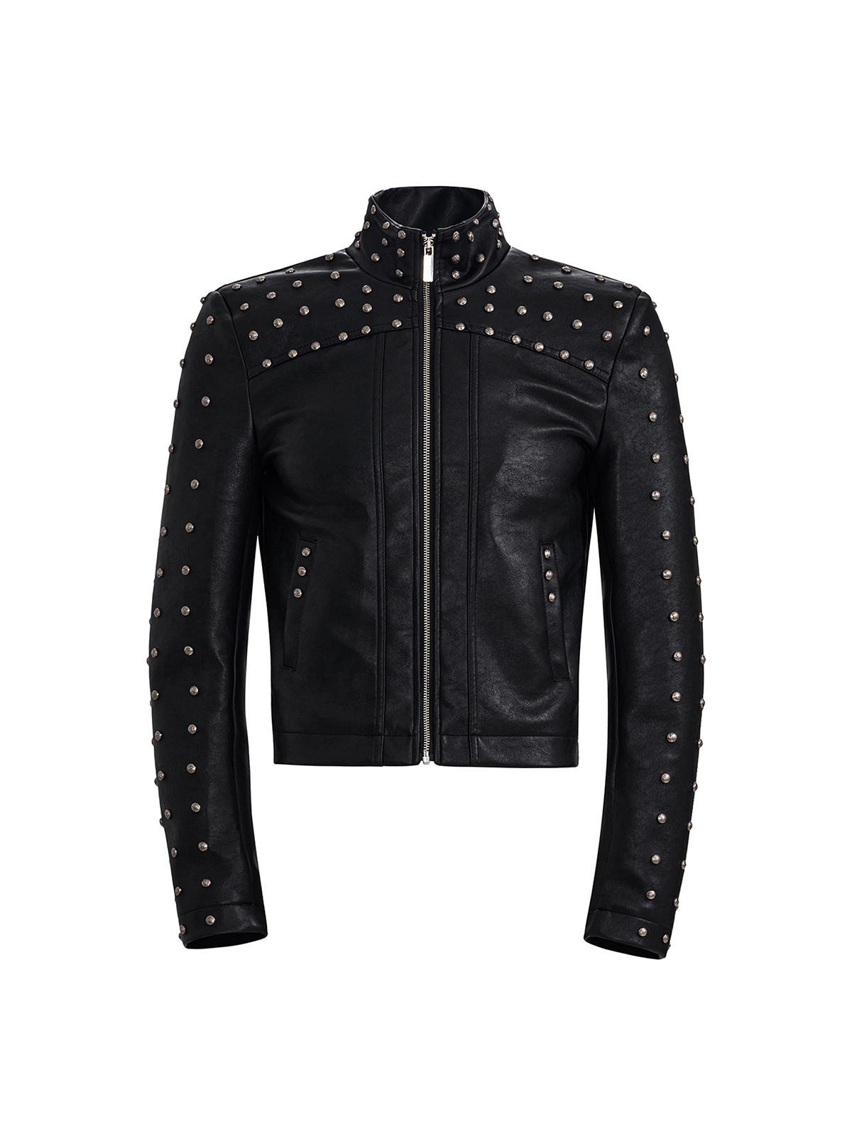 STUDDED STAND COLLAR MOTO JACKET