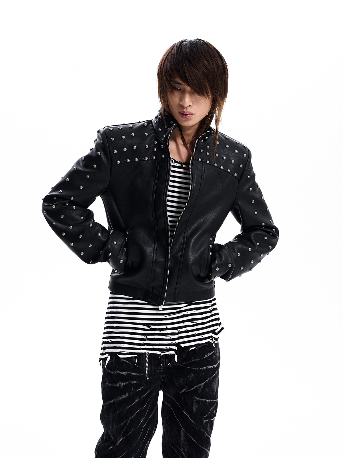 STUDDED STAND COLLAR MOTO JACKET