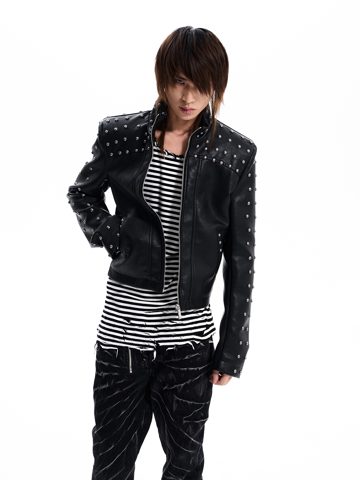 STUDDED STAND COLLAR MOTO JACKET