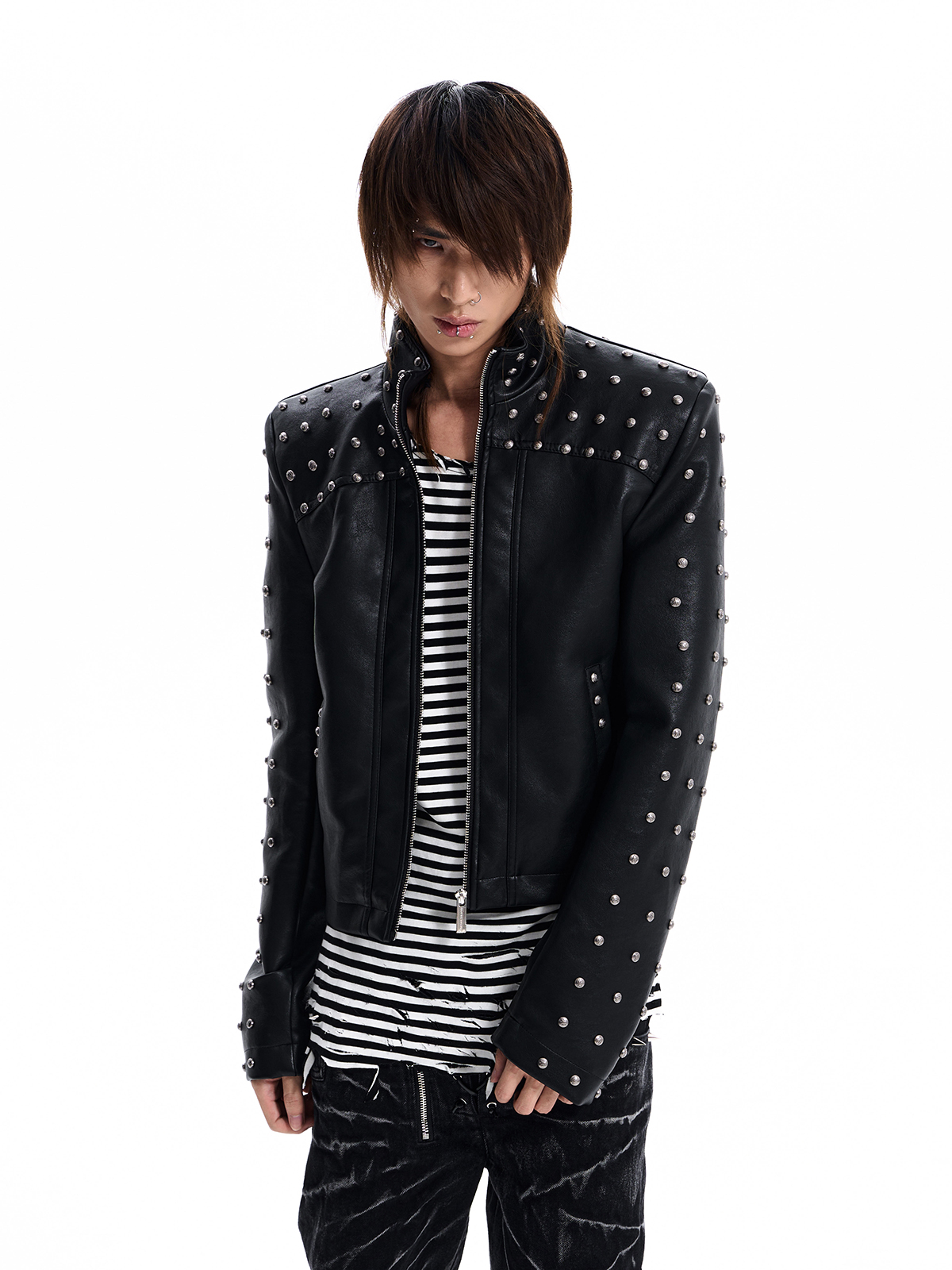 STUDDED STAND COLLAR MOTO JACKET