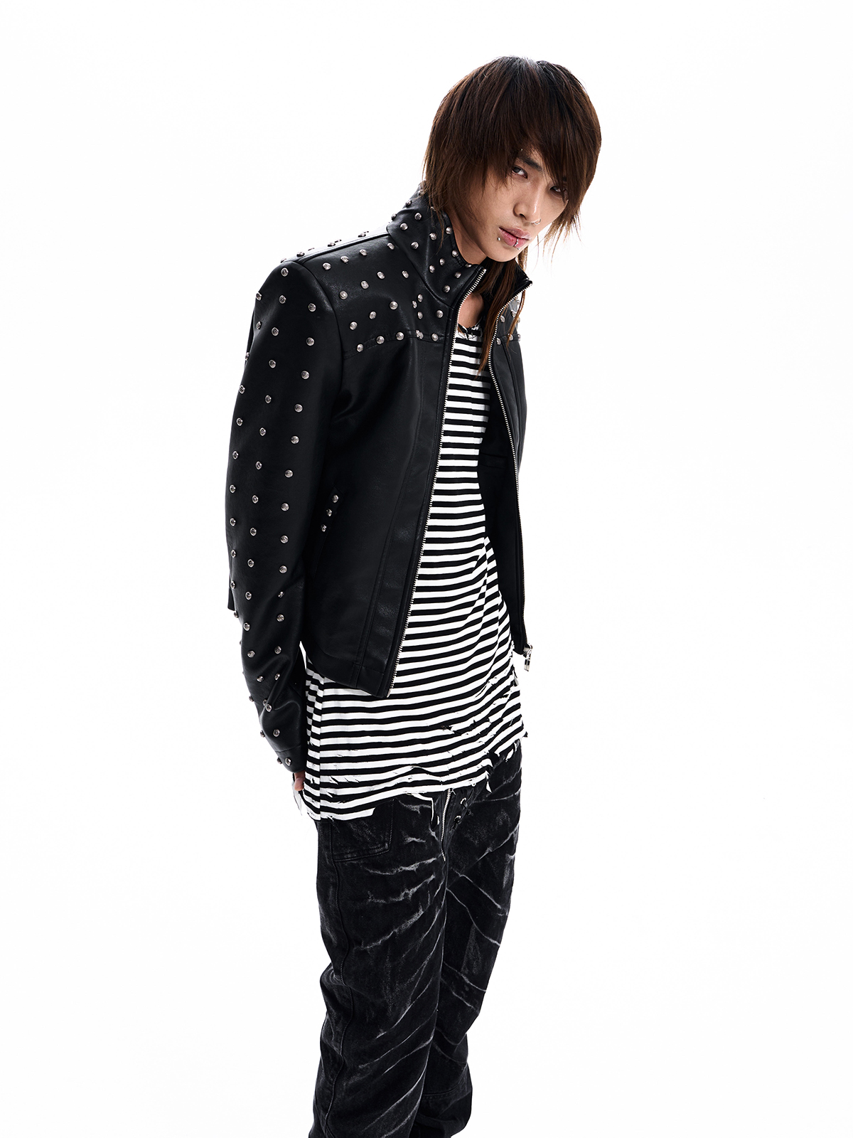 STUDDED STAND COLLAR MOTO JACKET