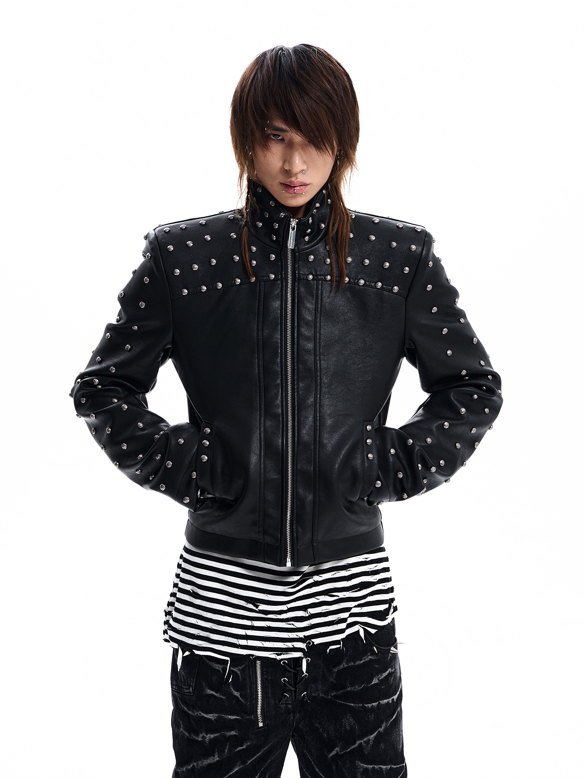 STUDDED STAND COLLAR MOTO JACKET