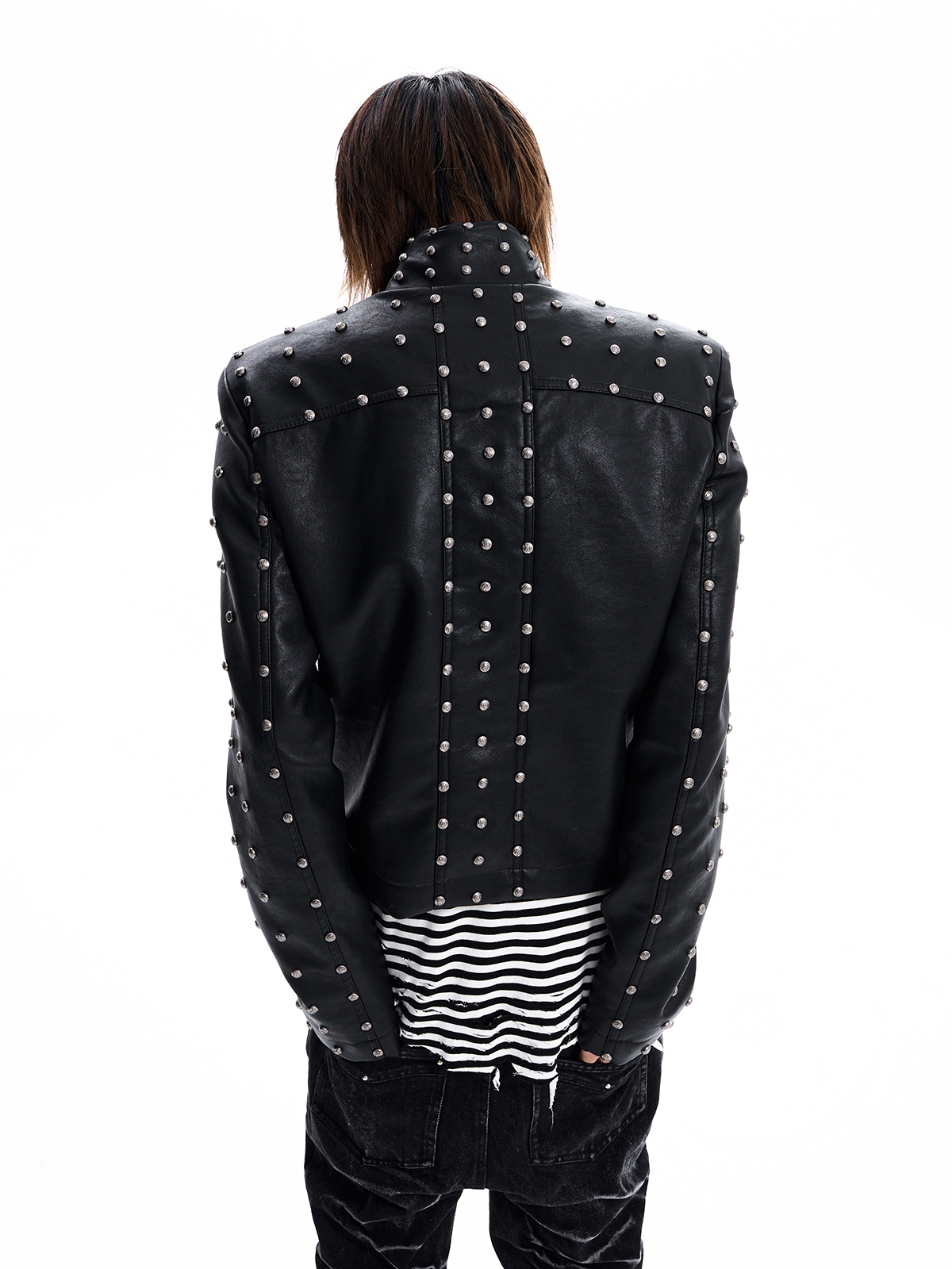STUDDED STAND COLLAR MOTO JACKET