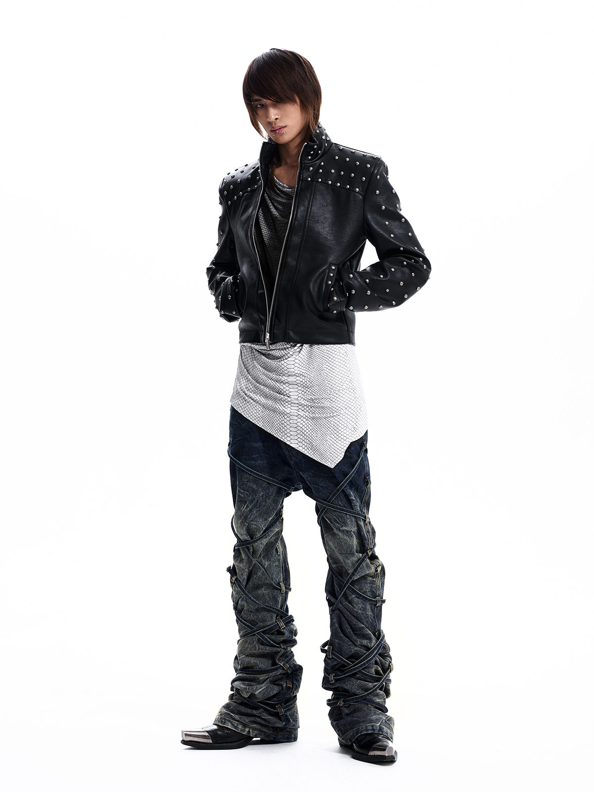 STUDDED STAND COLLAR MOTO JACKET
