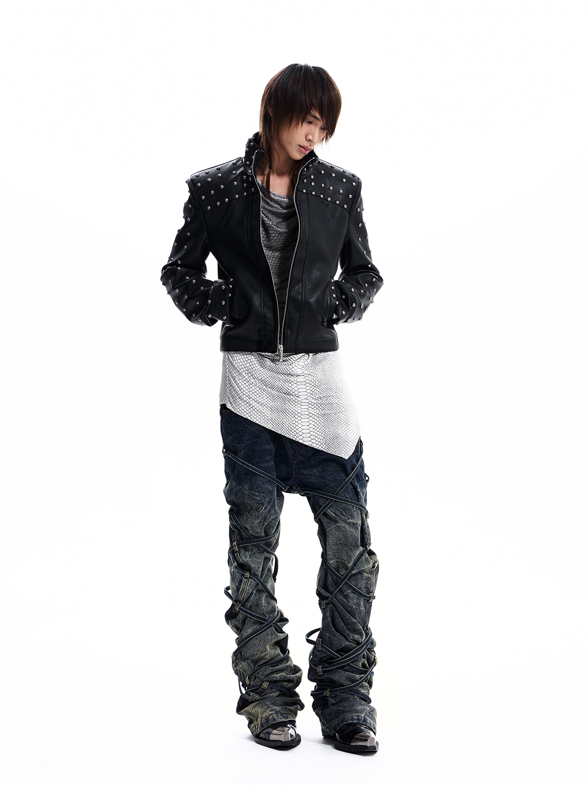 STUDDED STAND COLLAR MOTO JACKET