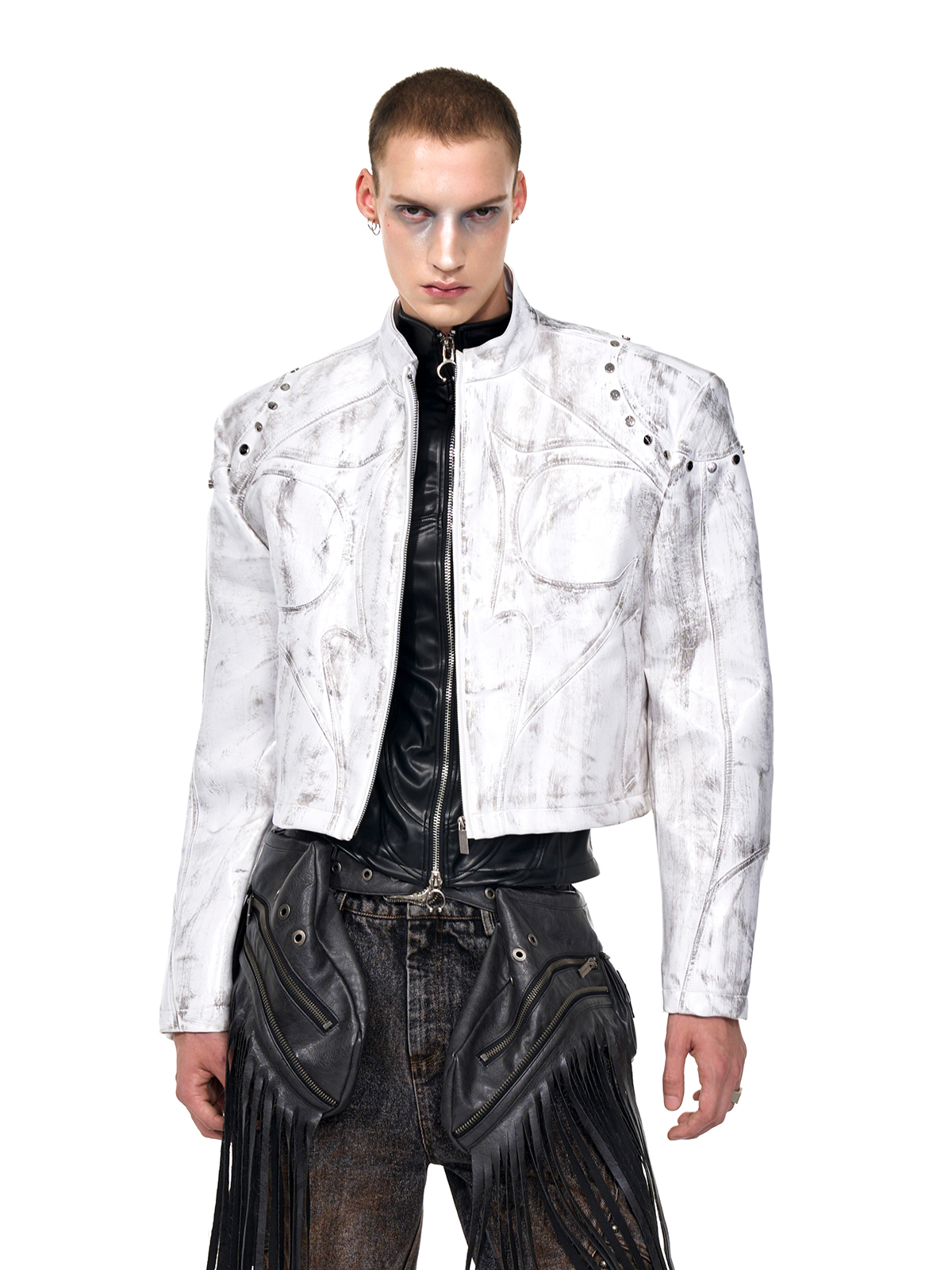 CROPPED STUDDED MOTO JACKET-DISTRESSED WHITE