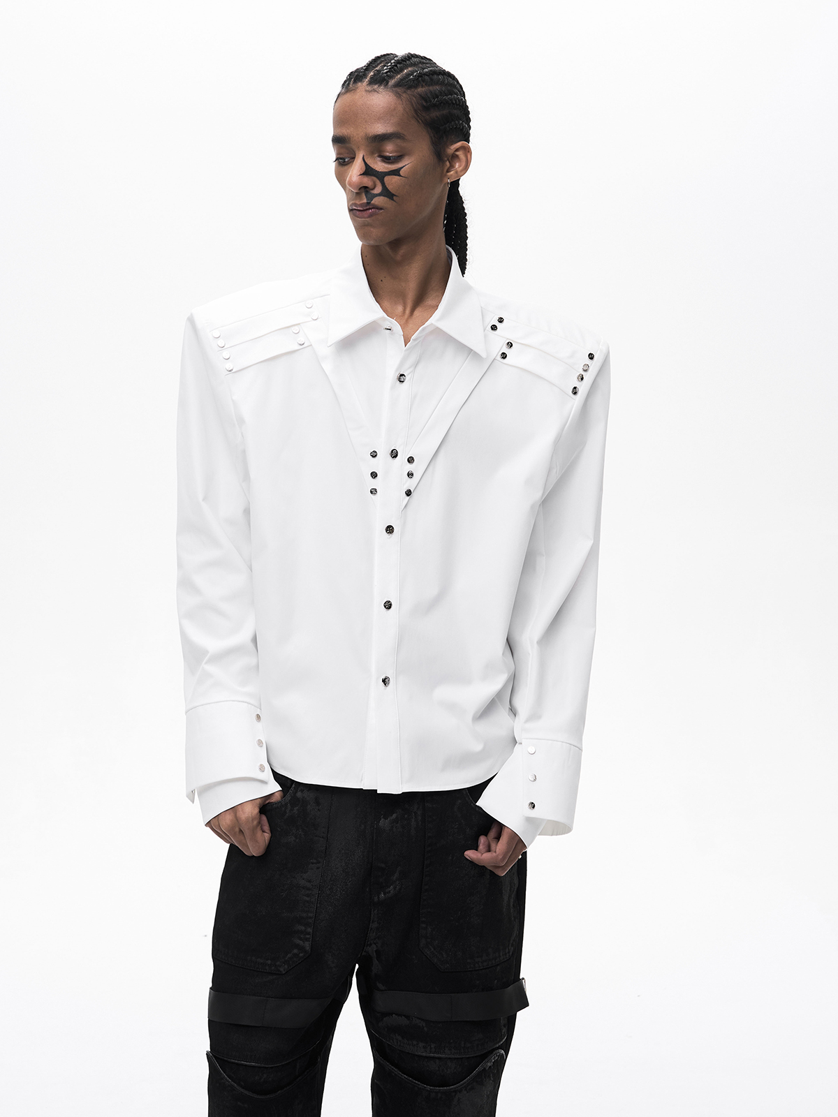 RIVET DOUBLE CUFF SHIRT-WHITE