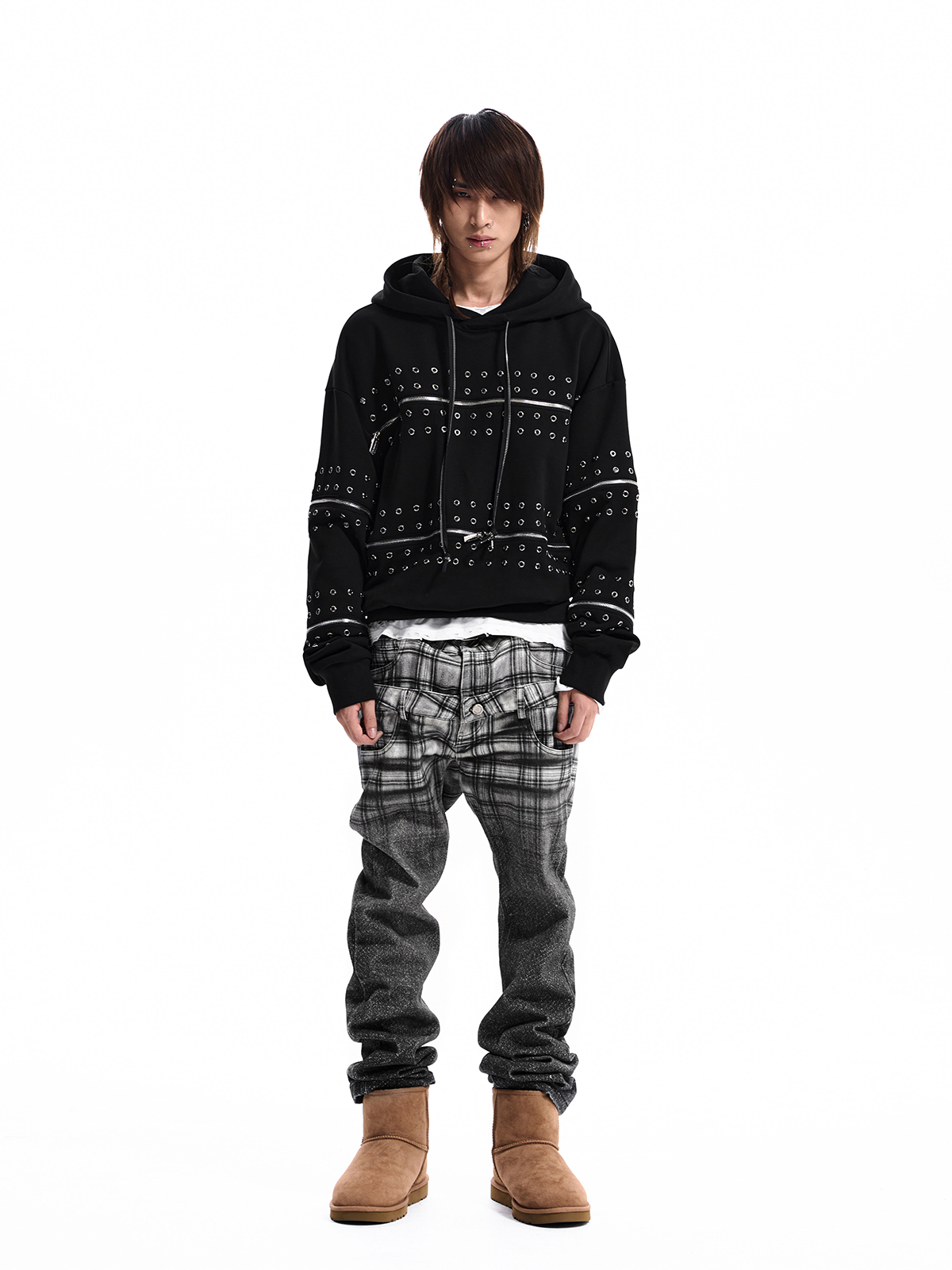 STUDDED ZIP PANEL HOODIE