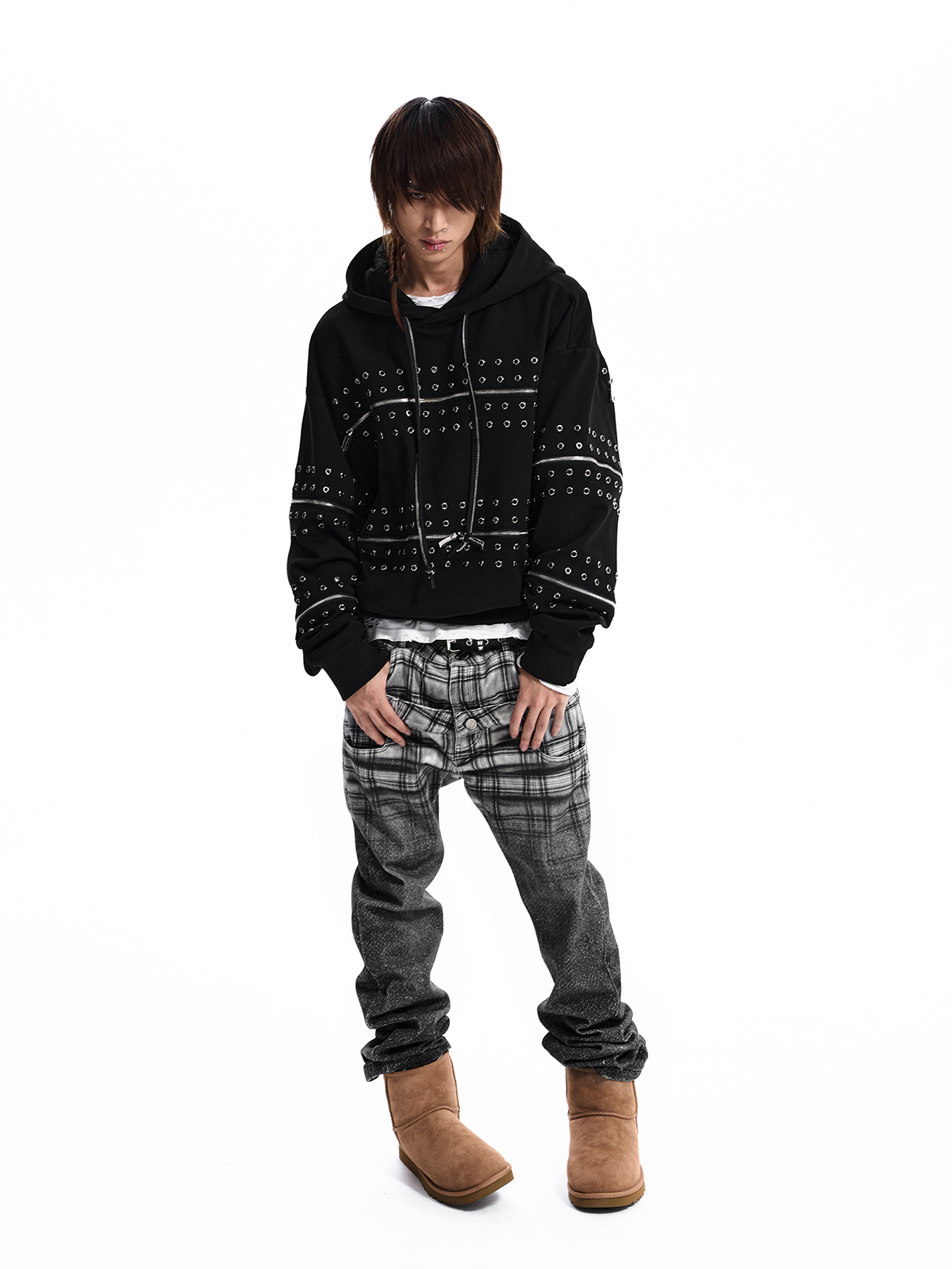 STUDDED ZIP PANEL HOODIE