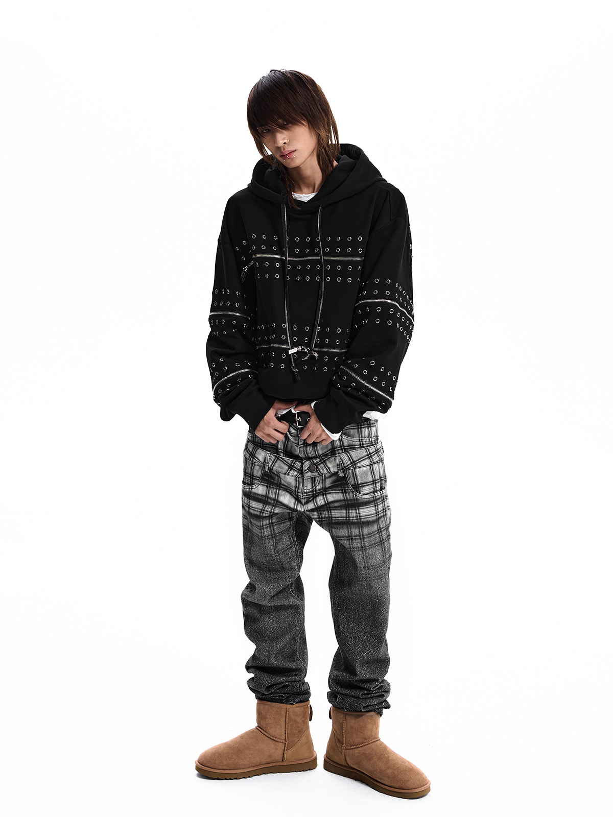 STUDDED ZIP PANEL HOODIE