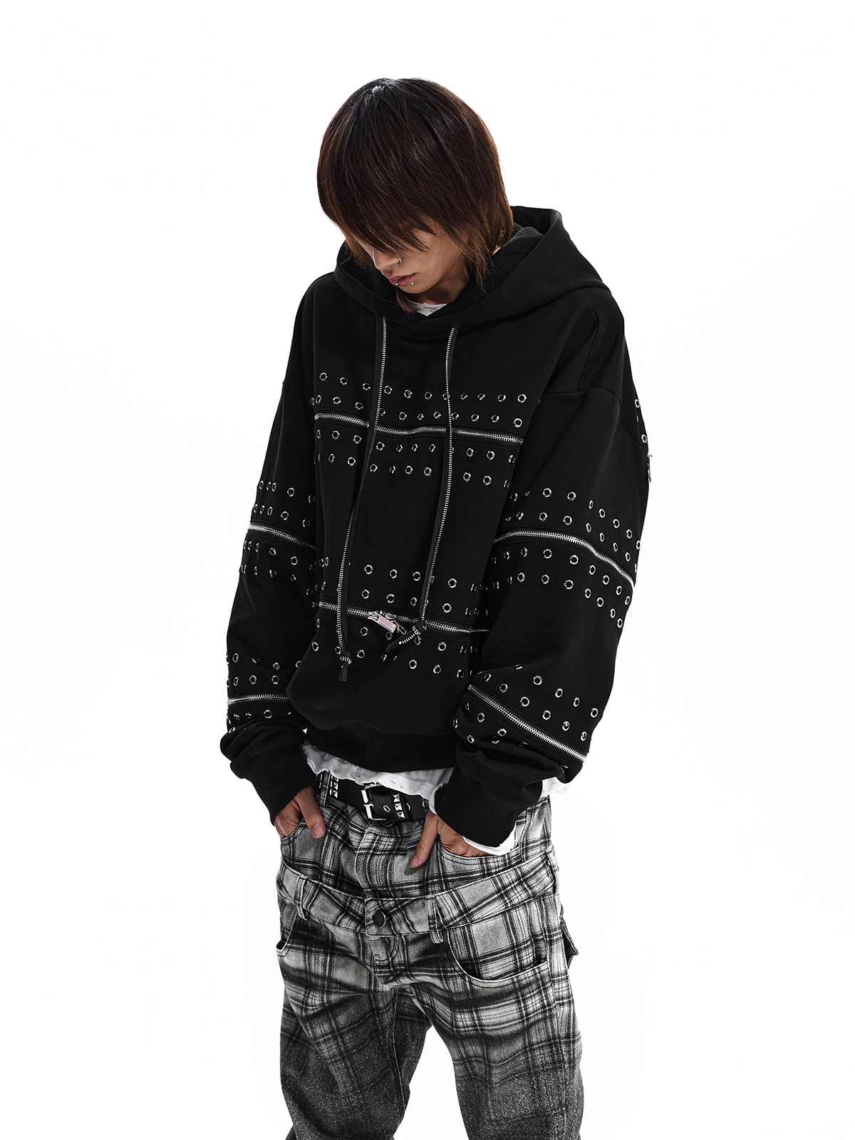 STUDDED ZIP PANEL HOODIE