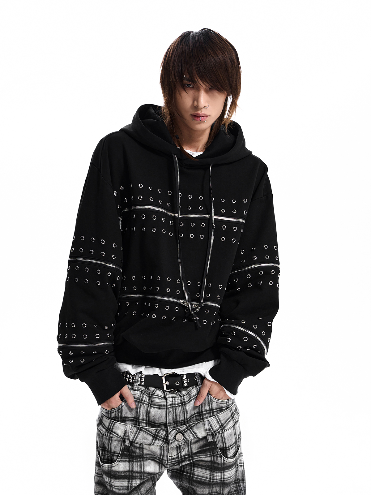 STUDDED ZIP PANEL HOODIE