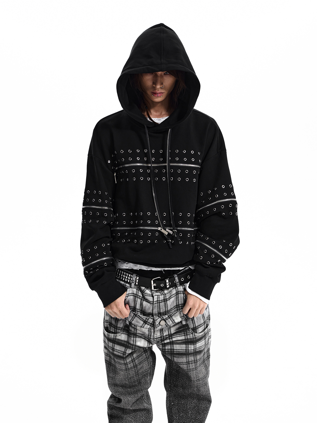 STUDDED ZIP PANEL HOODIE