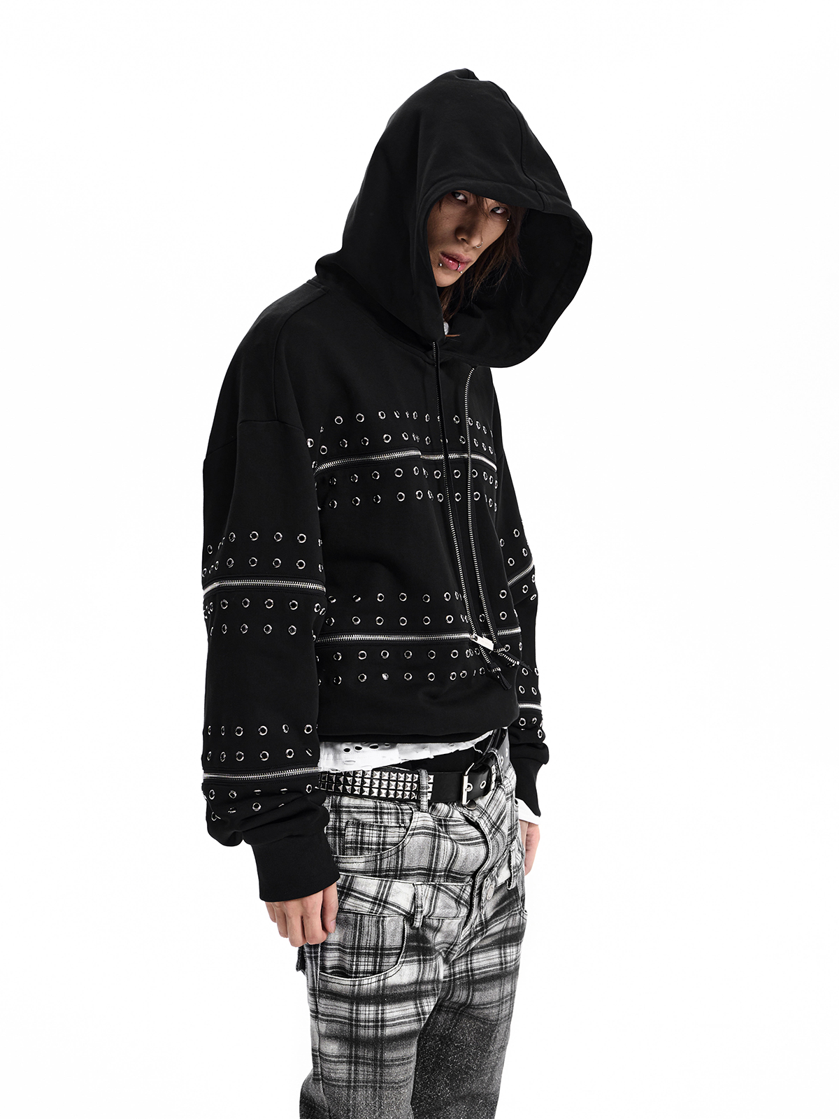 STUDDED ZIP PANEL HOODIE