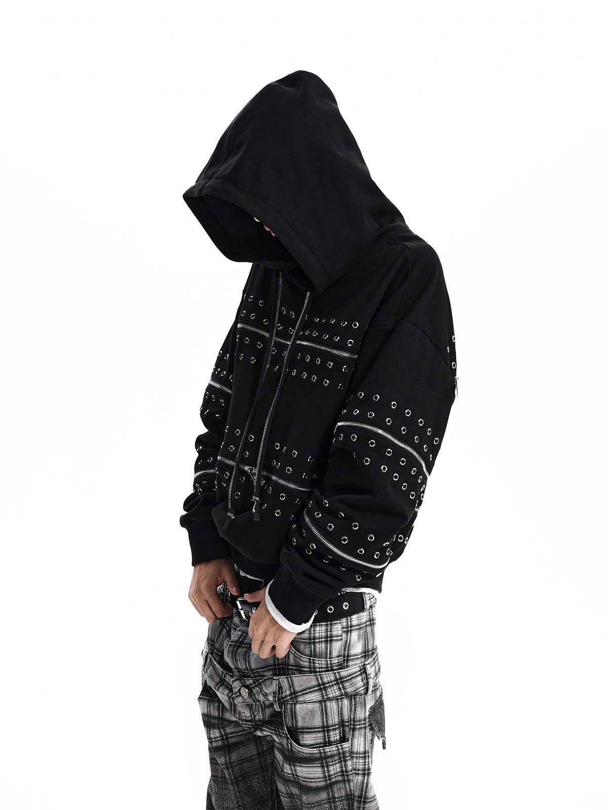STUDDED ZIP PANEL HOODIE