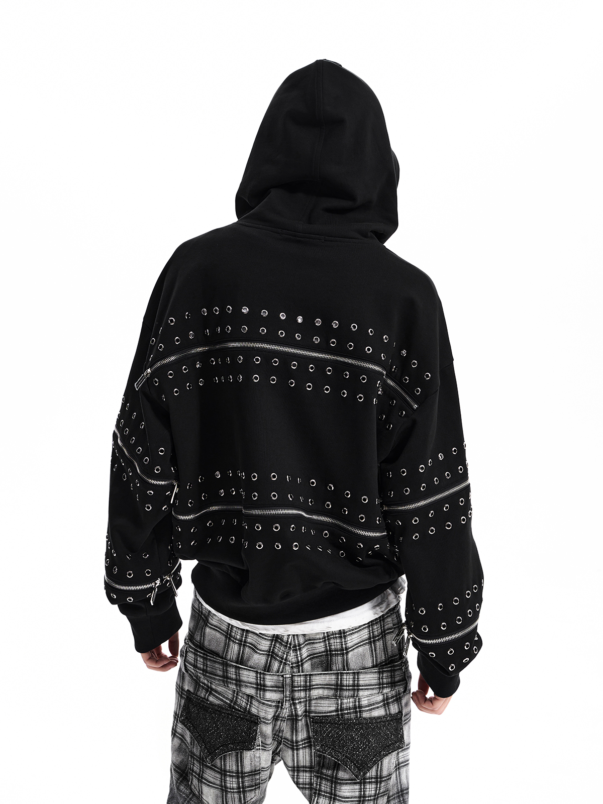 STUDDED ZIP PANEL HOODIE
