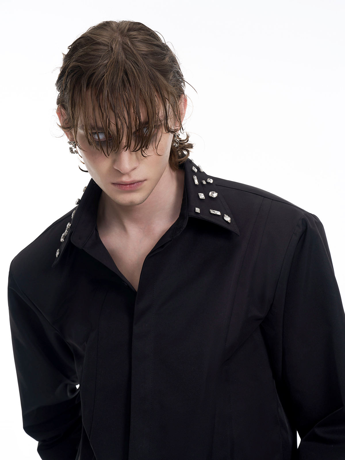 CRYSTAL COLLAR & CUFF CONCEALED PLACKET SHIRT - BLACK-START EXCEED END