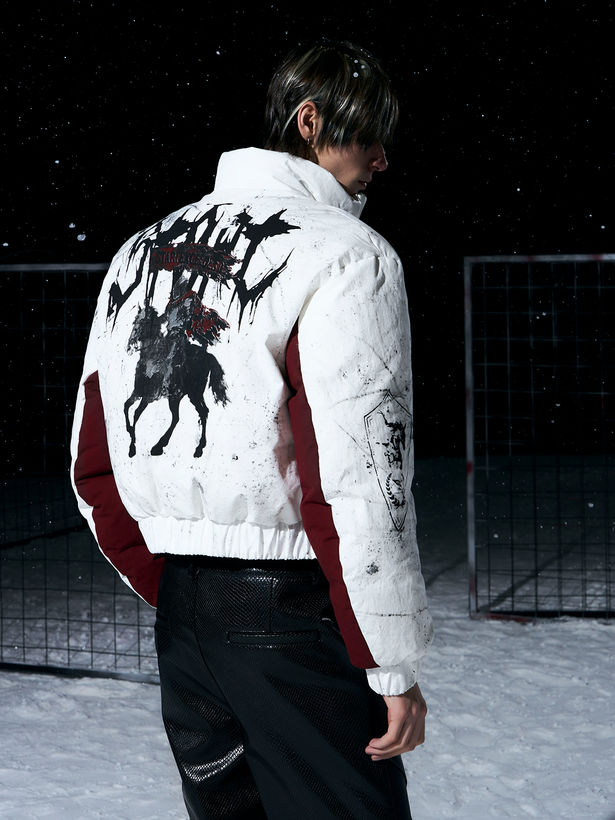 WHITE & BURGUNDY GRAFFITI SPLATTER BOMBER WITH KNIGHT PRINT