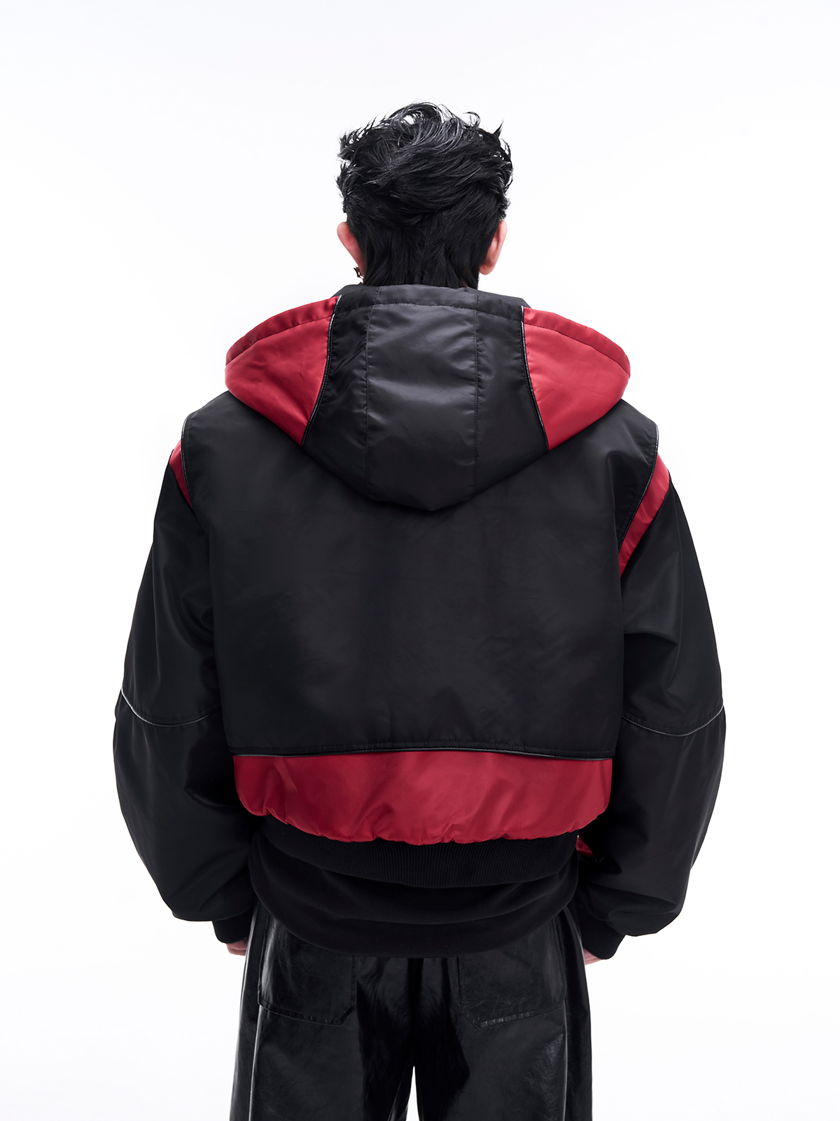 CONTRAST RED BATWING SLEEVE HOODED BOMBER-START EXCEED END
