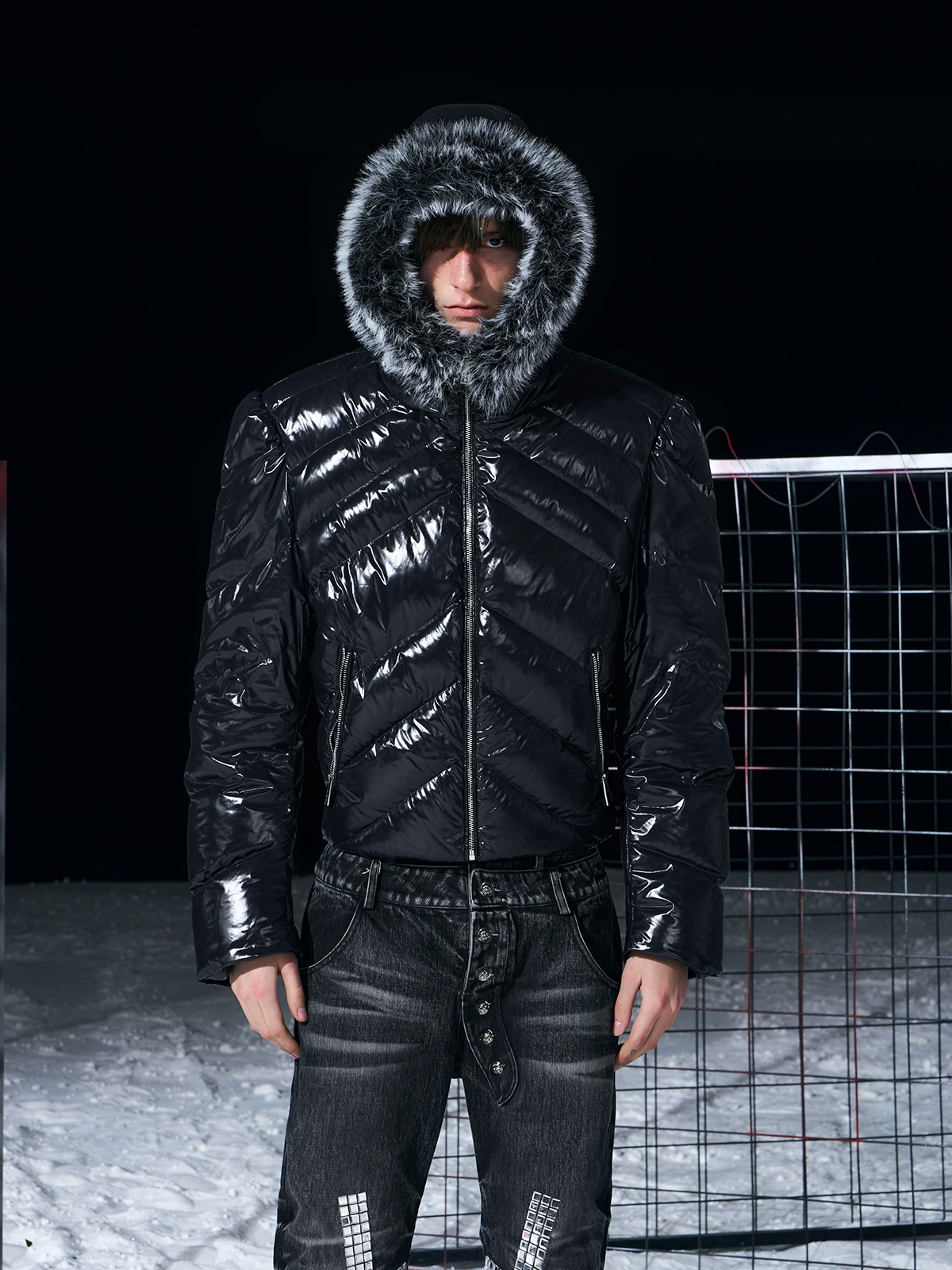 GLOSSY BLACK CHEVRON PUFFER WITH FAUX FUR HOOD