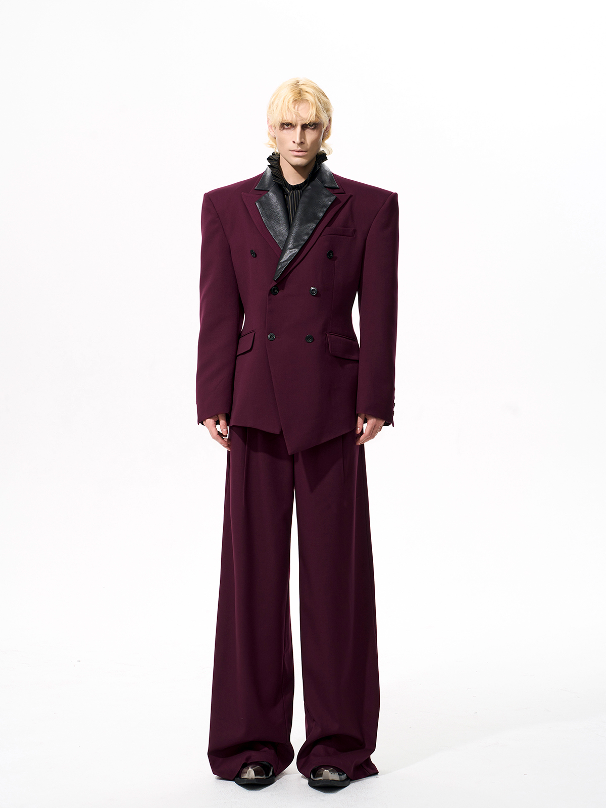 DETACHABLE LEATHER COLLAR SCULPTED SUIT SET-BURGUNDY