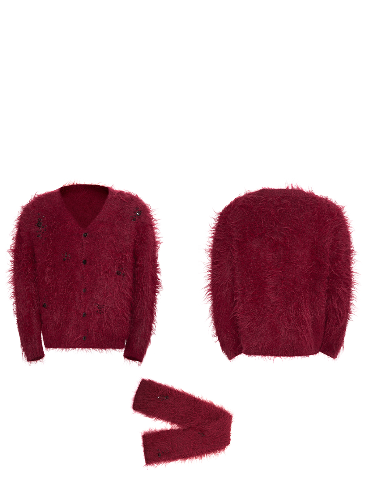 BURGUNDY RED FUZZY MOHAIR CARDIGAN & SCARF SET