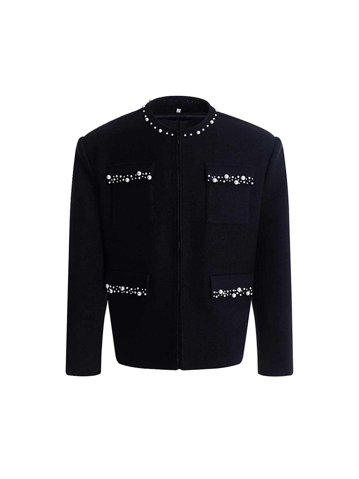 PEARL-TRIMMED COLLARLESS WOOL JACKET-START EXCEED END