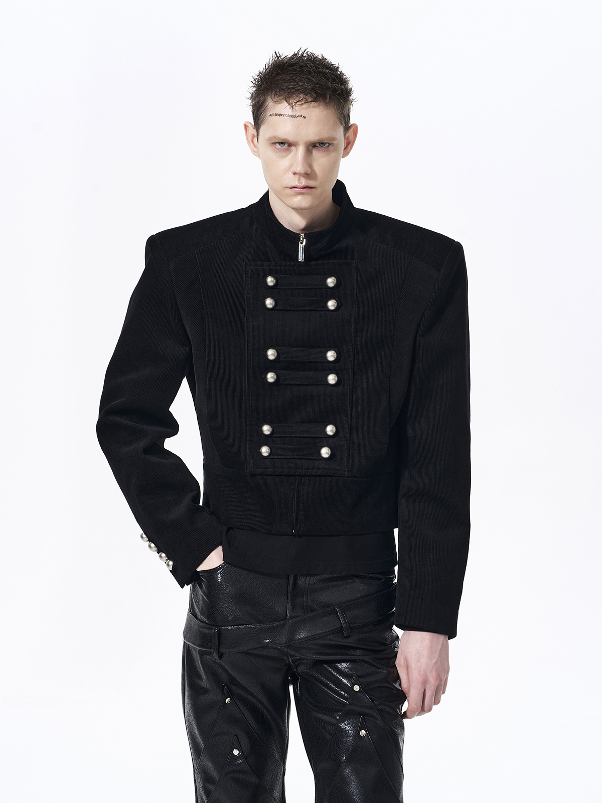 RETRO CORDUROY STAND COLLAR CROPPED JACKET-BLACK