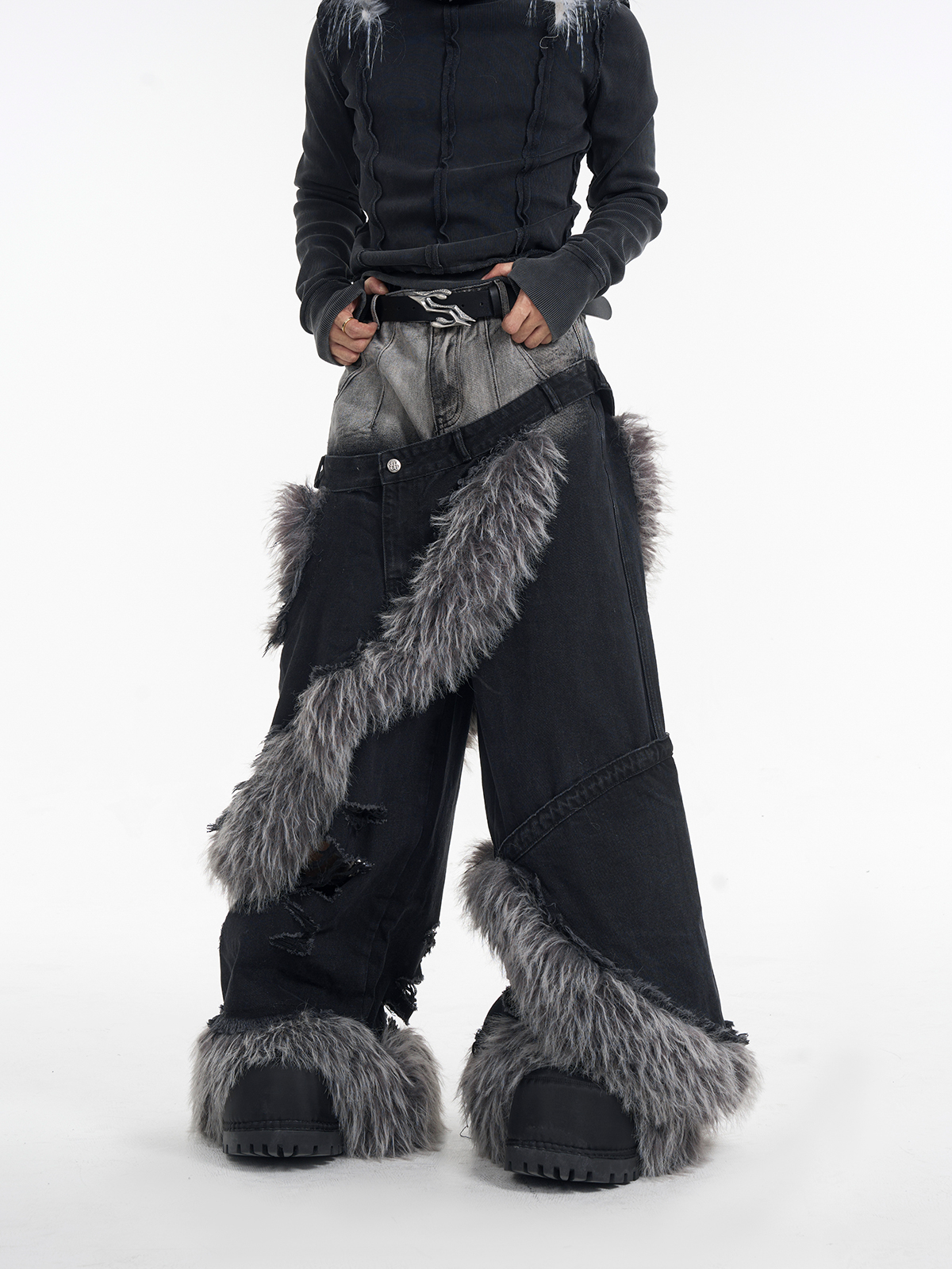 DOUBLE WAIST FUR SPIRAL WIDE LEG JEANS-START EXCEED END