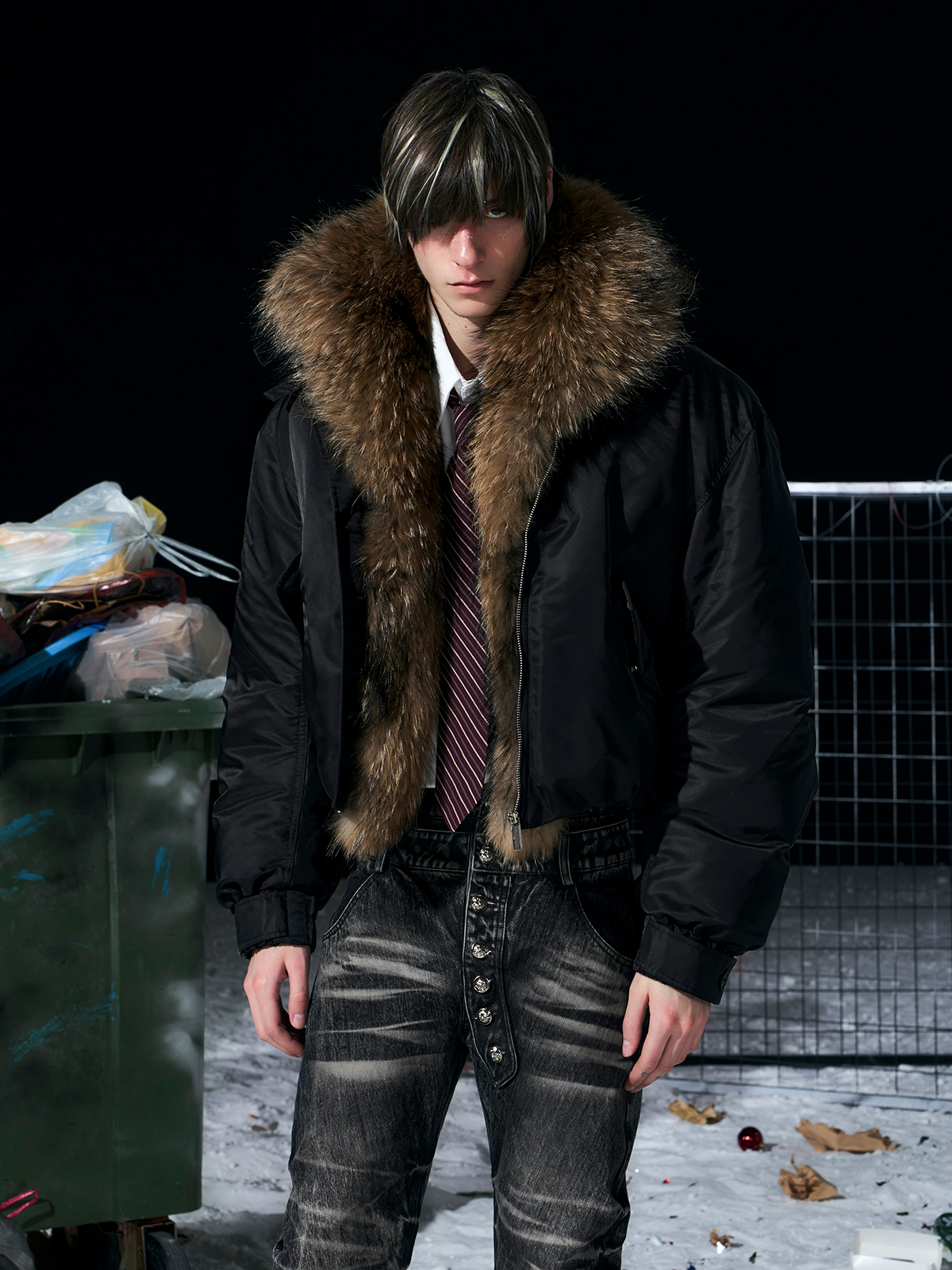 Luxe Detachable Fur Collar Down Bomber-Black