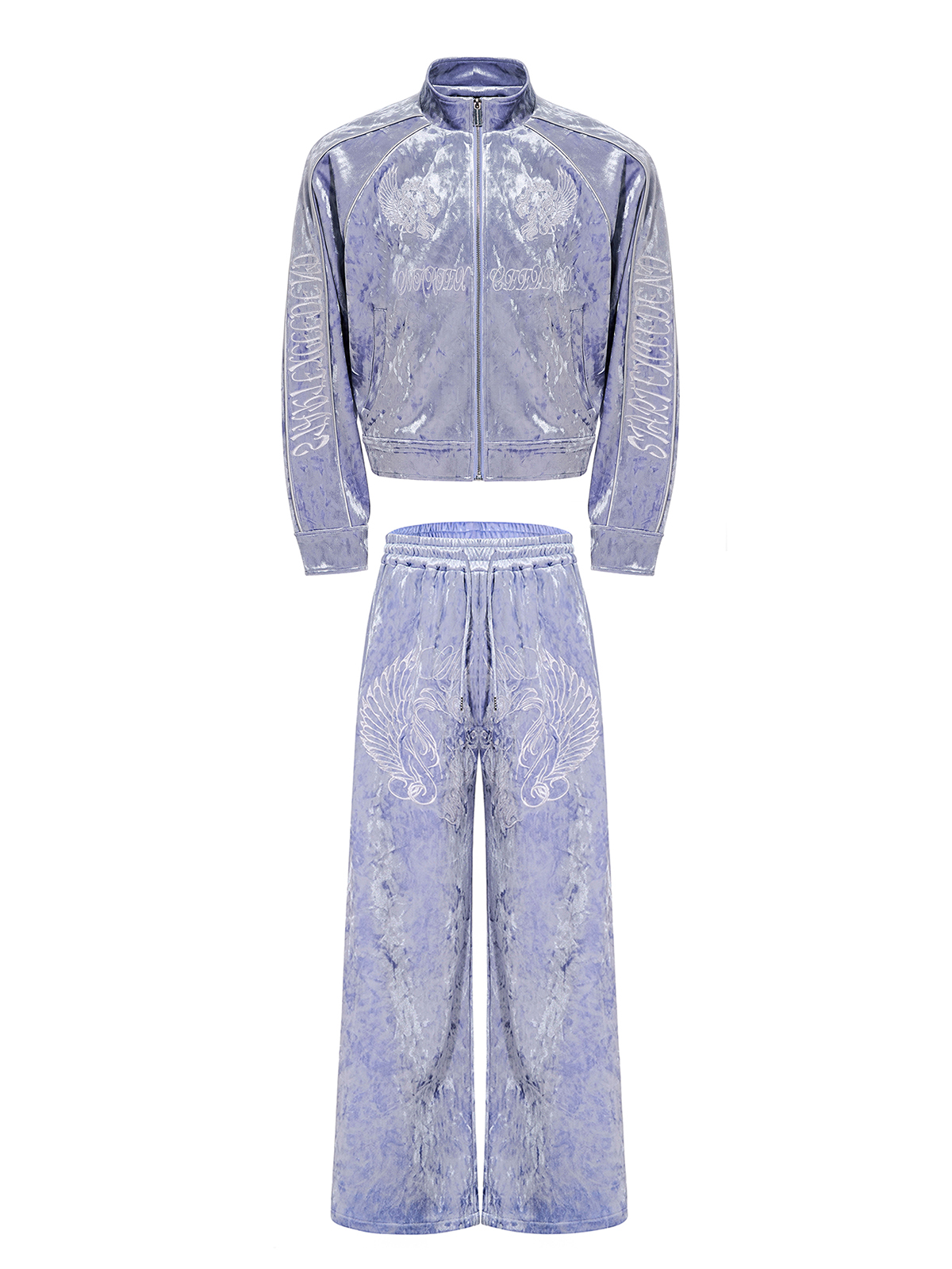 CRUSHED VELVET EMBROIDERED TRACKSUIT SET-LAVENDER