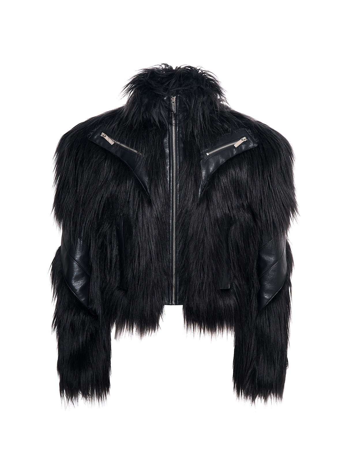 SHAGGY FAUX FUR LEATHER-PANEL CROPPED JACKET-BLACK