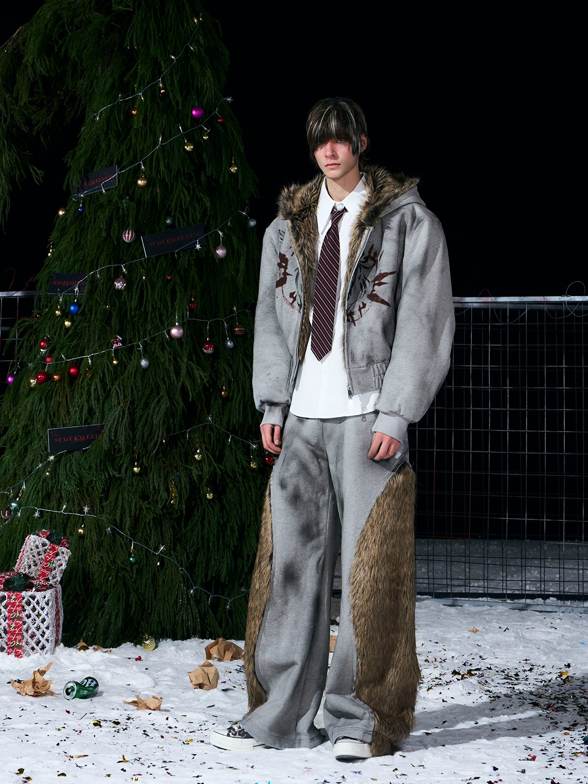 VINTAGE GREY REVERSIBLE FUR HOODIE & FUR PANEL PANTS SET