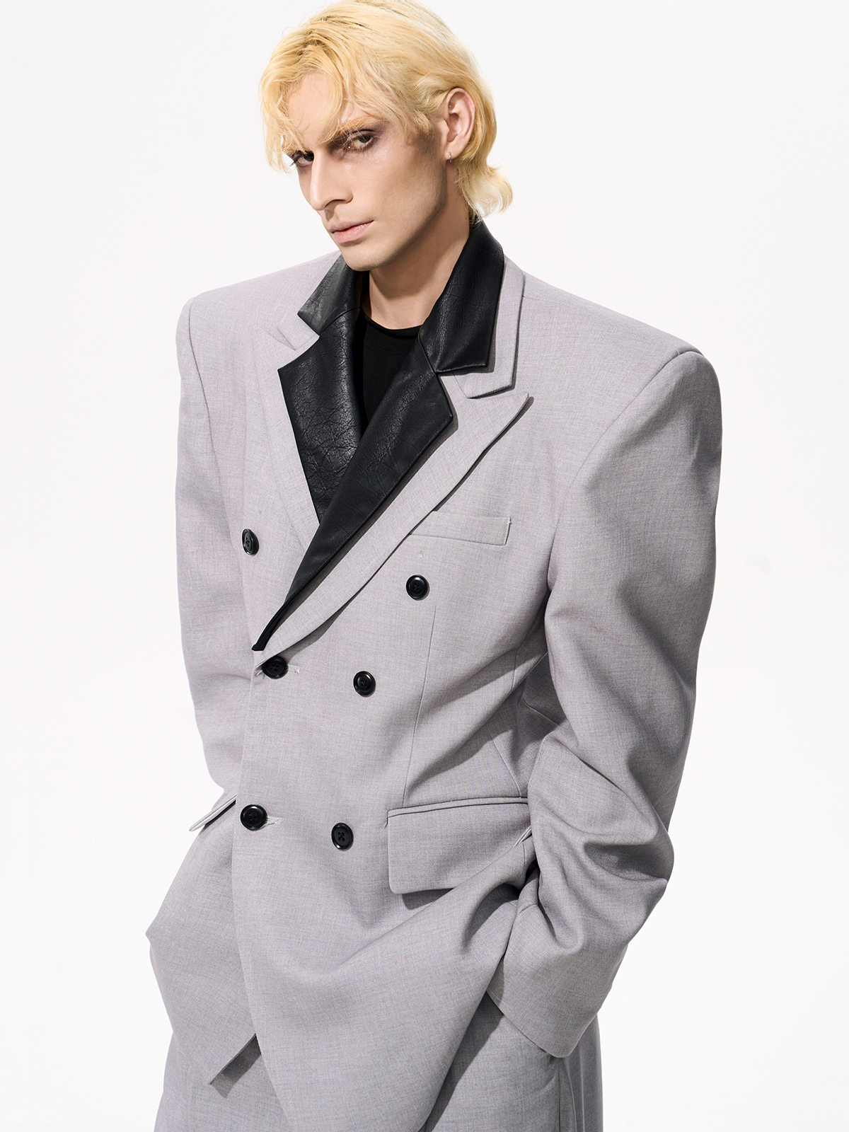 DETACHABLE LEATHER COLLAR SCULPTED SUIT SET-GREY