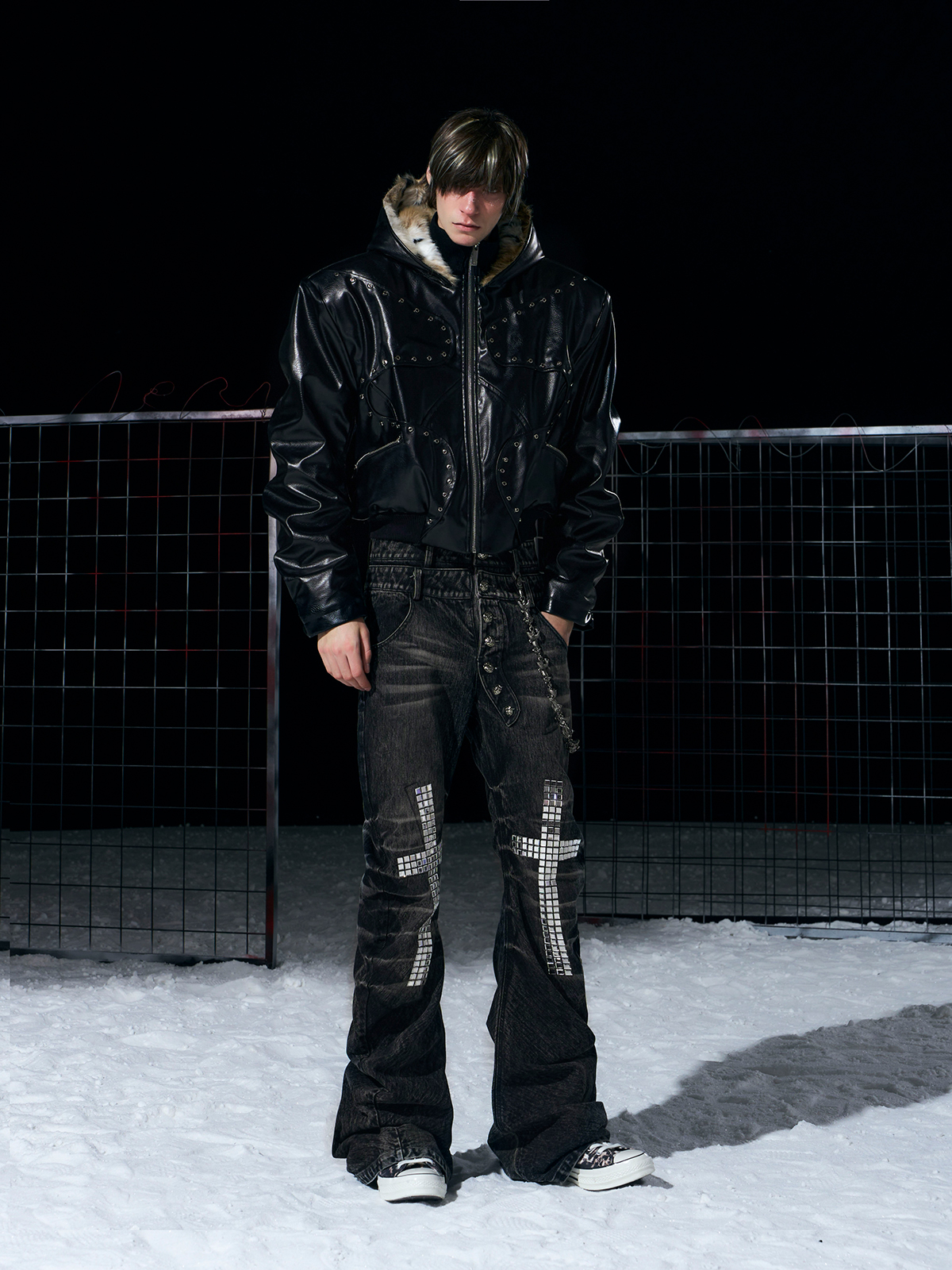 STUDDED FAUX LEATHER BOMBER WITH FUR-LINED HOOD