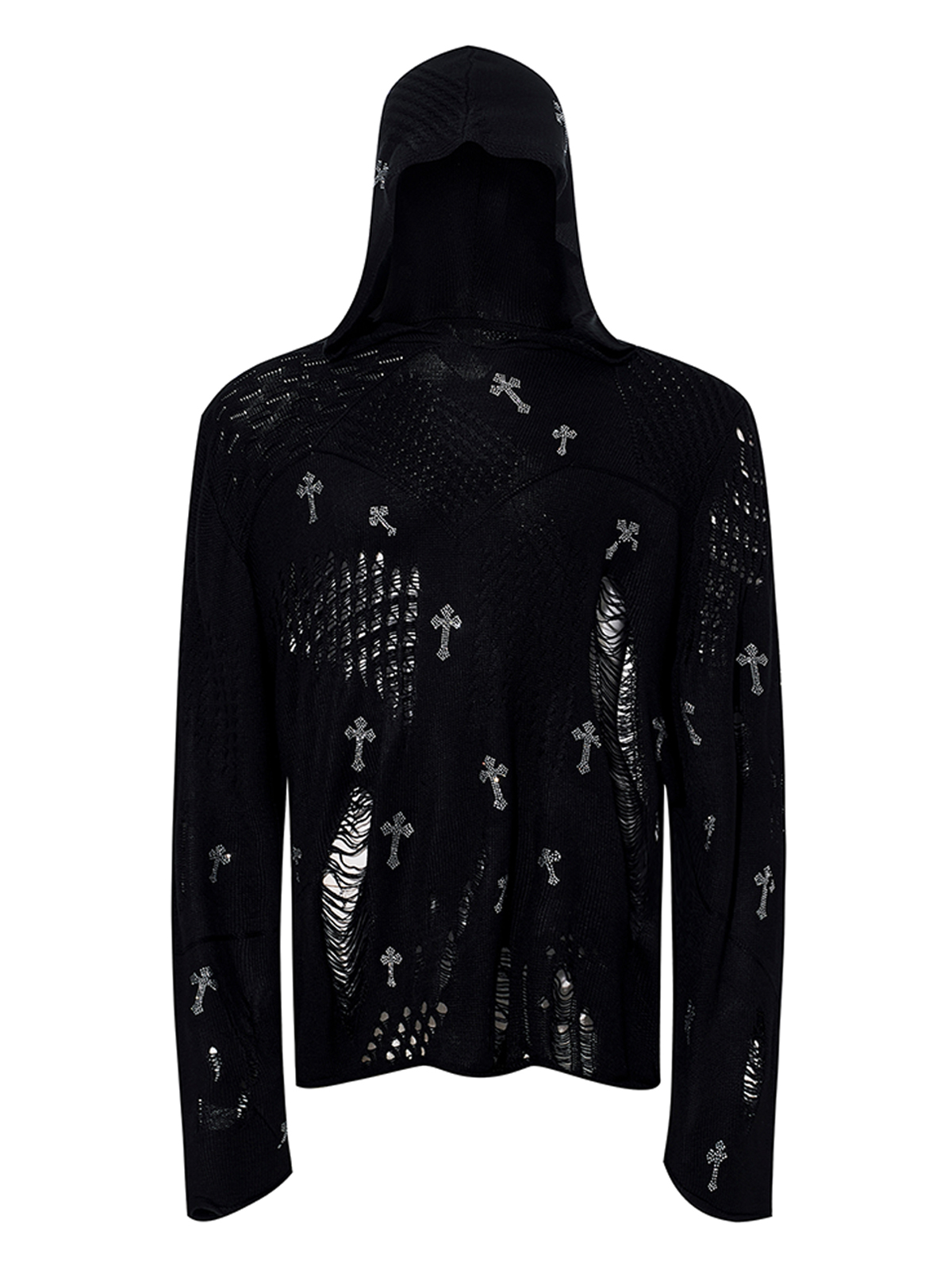 DISTRESSED CROSS RHINESTONE HOODED KNIT SWEATER-BLACK
