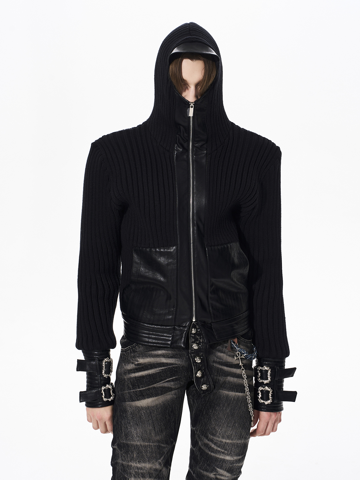 LEATHER PANEL BUCKLE CUFF RIBBED KNIT HOODIE