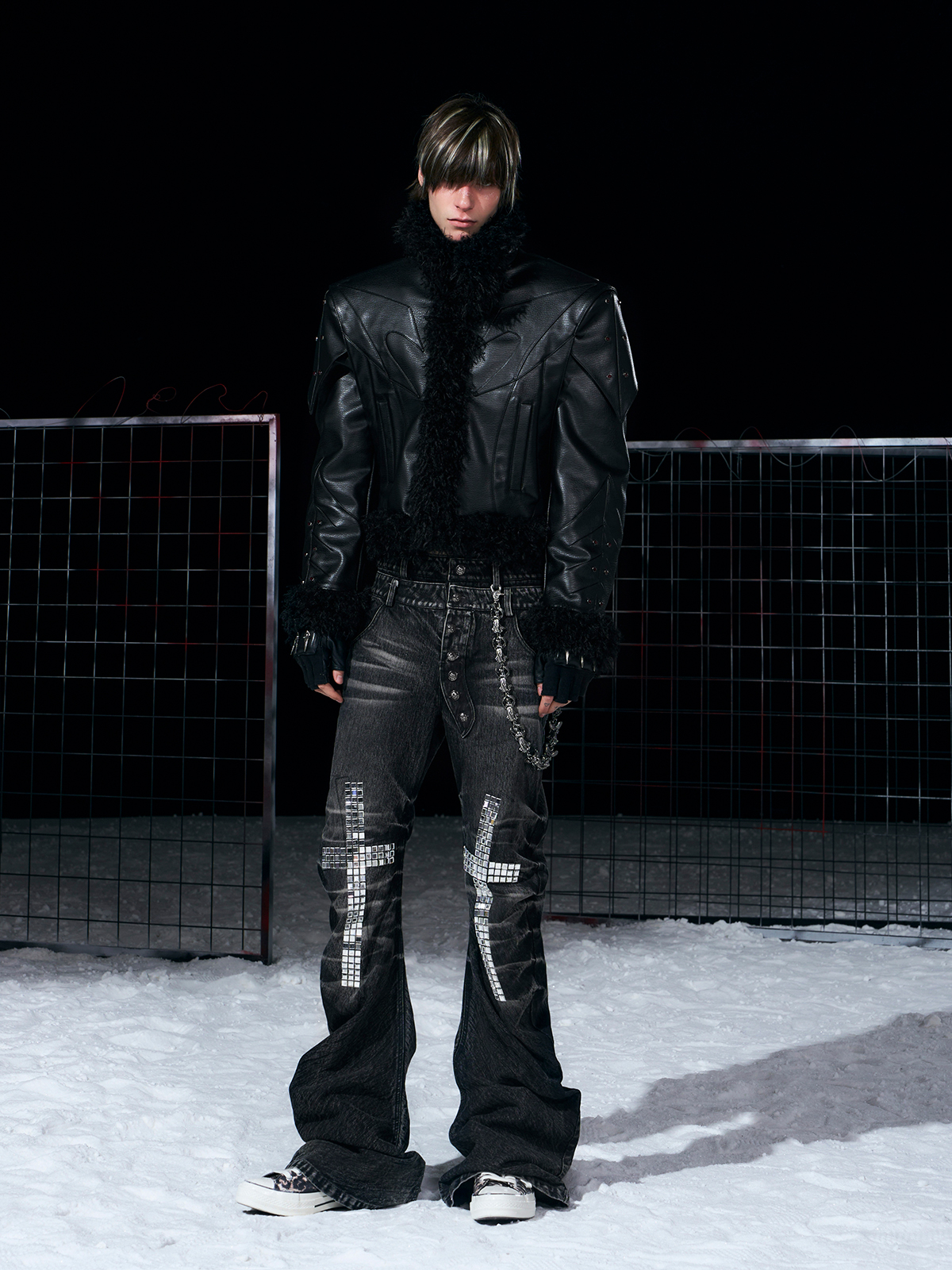 DECONSTRUCTED FUR-TRIM PADDED LEATHER JACKET