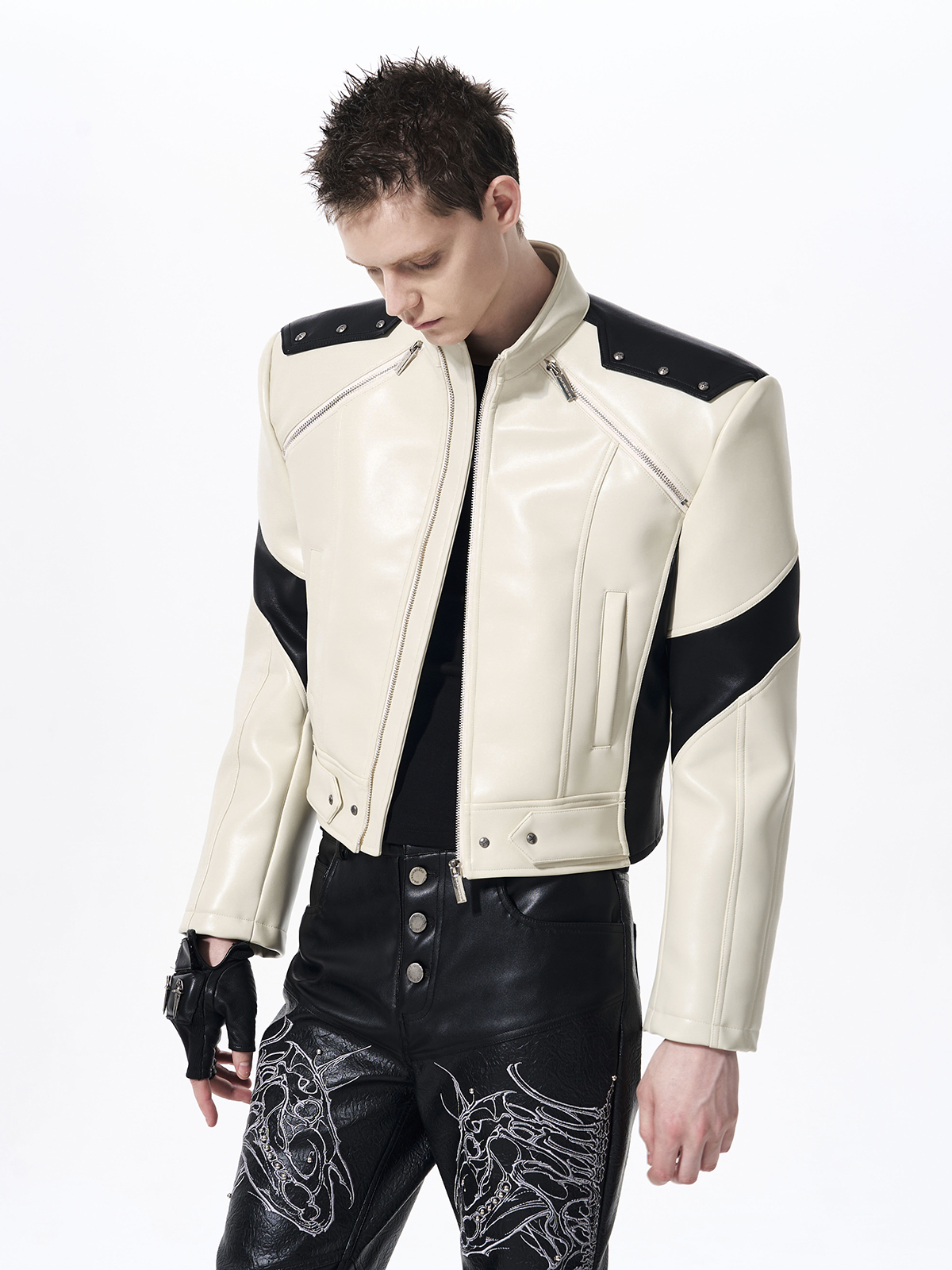 EMBROIDERED SKELETAL HORSE MOTO JACKET-WHITE