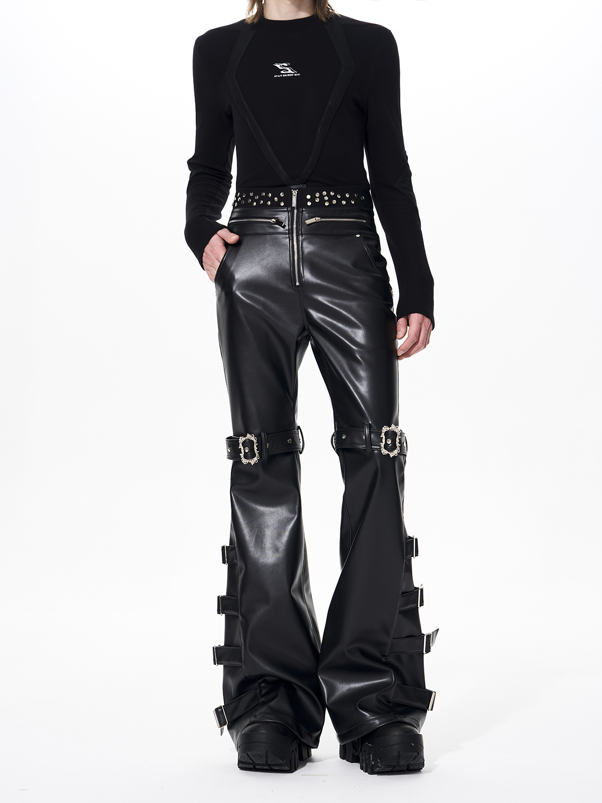 MULTI-BUCKLE STRAP RIVET FLARED PU LEATHER PANTS
